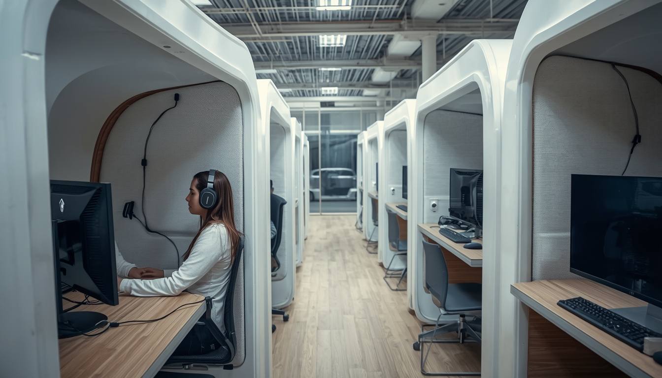 Bright white internet cafe interior with semi-private gaming pods along a daylight corridor at CLOUDNINE
